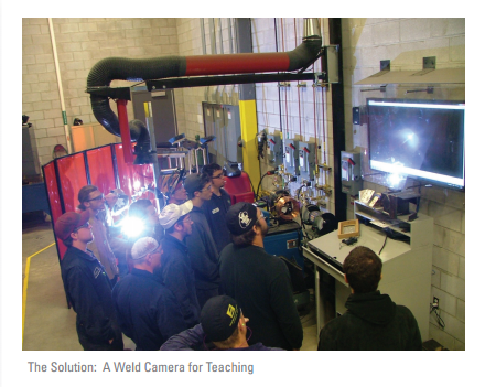 Students viewing a weld demonstration on a display monitor.