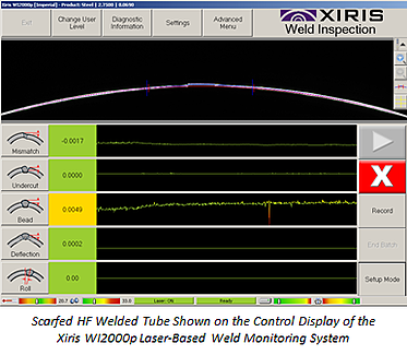 Scarfed HF welded tube Shown on the Control Display of the  Xiris WI2000p Laser-Based Weld Monitoring System