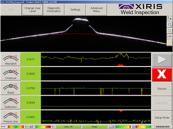 Screen shot from Xiris WI2000p laser-based weld inspection system.