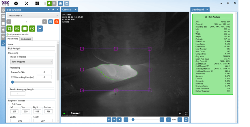 Welding image of A screenshot from Xiris Weldstudio Showing Blob Data of Melt Pool (Xiris)