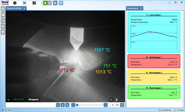 Fig. 2 A Thermal Image of a GTAW Process with Temperature Measurement Tools