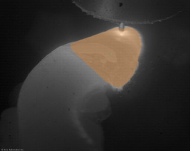 Welding Image of WAAM Quality Monitoring with the MeltPool AI image analysis tool with the correct melt pool geometry, whereas an overheated deposit can cause an uncontrolled melt pool growth until it collapses