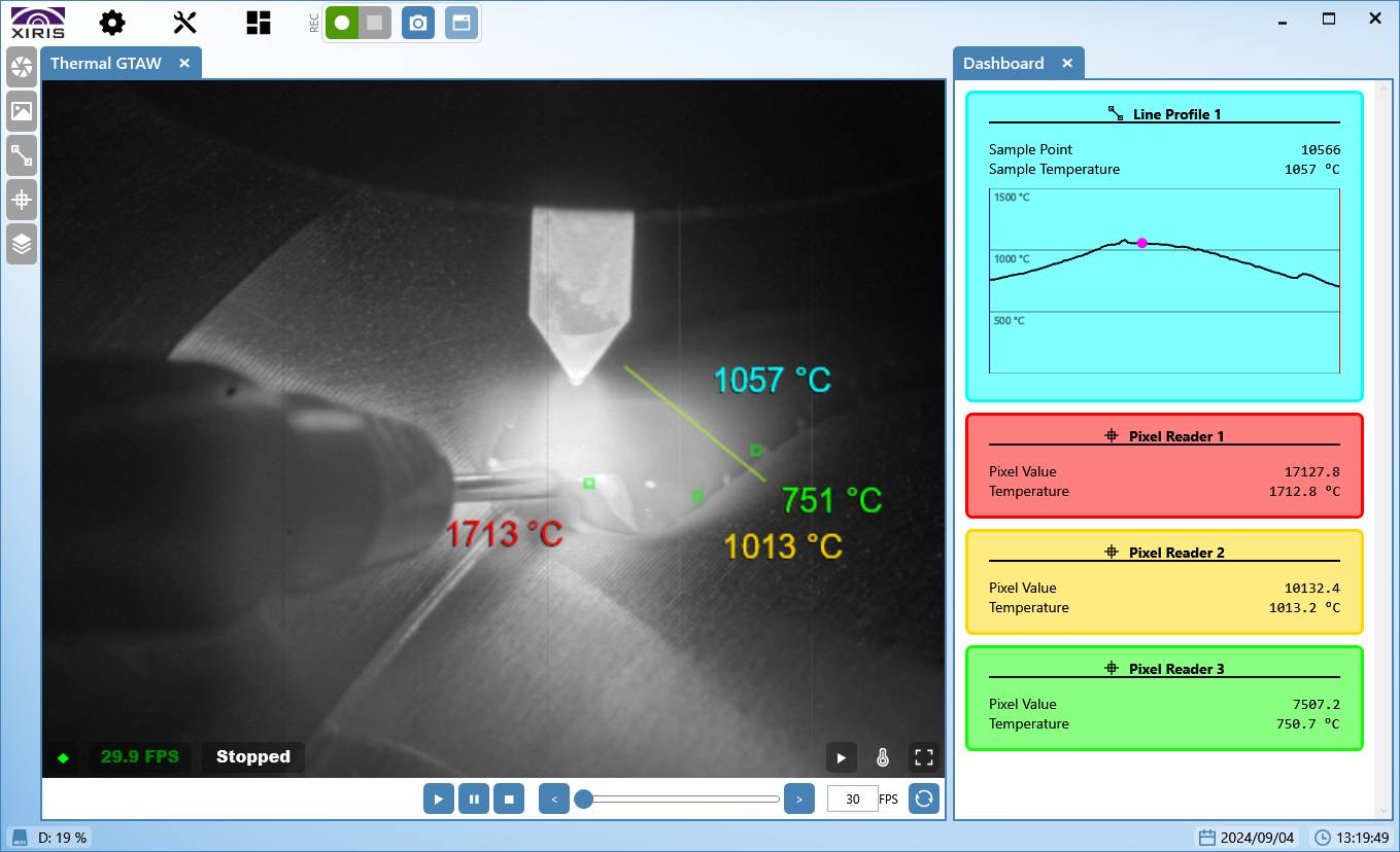 A Thermal Image of a TIG Process with Temperature Measurement Tools (Xiris)